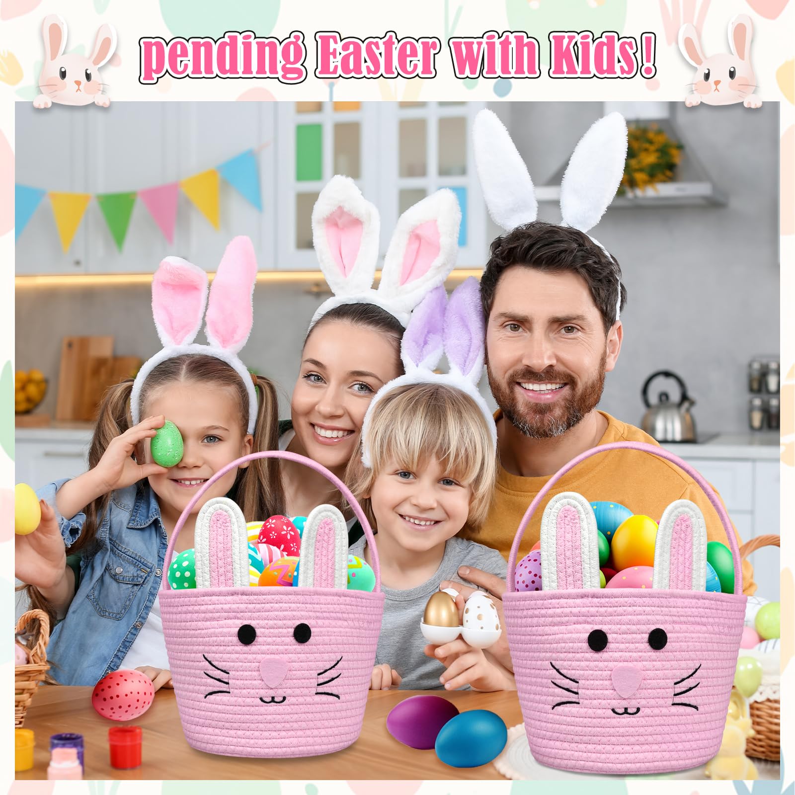 Brbecon Easter Bunny Basket pink side angle showing children-friendly design and portability