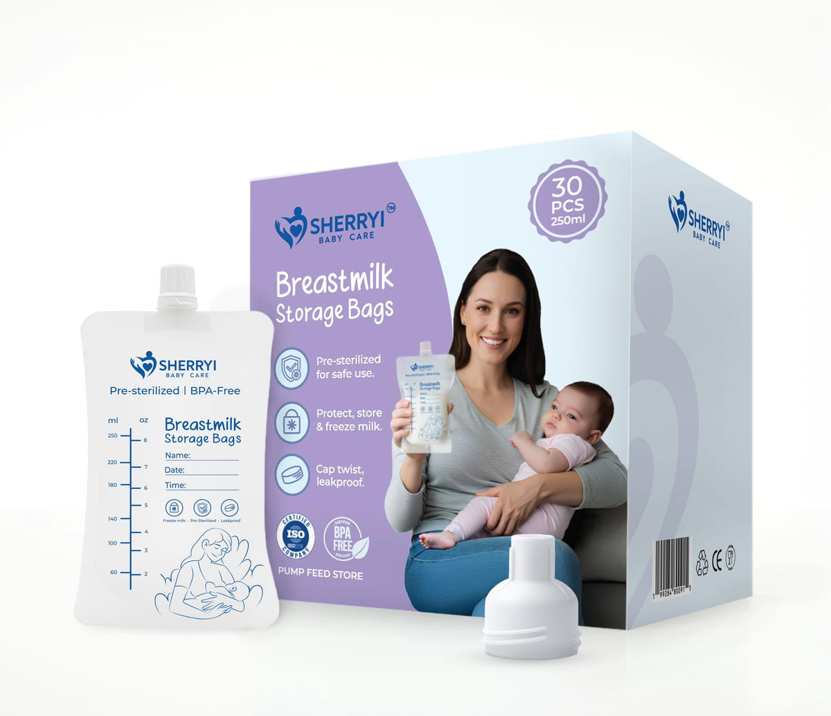Breastmilk Storage Bags with Adapter showing a secure cap for leak-free storage.