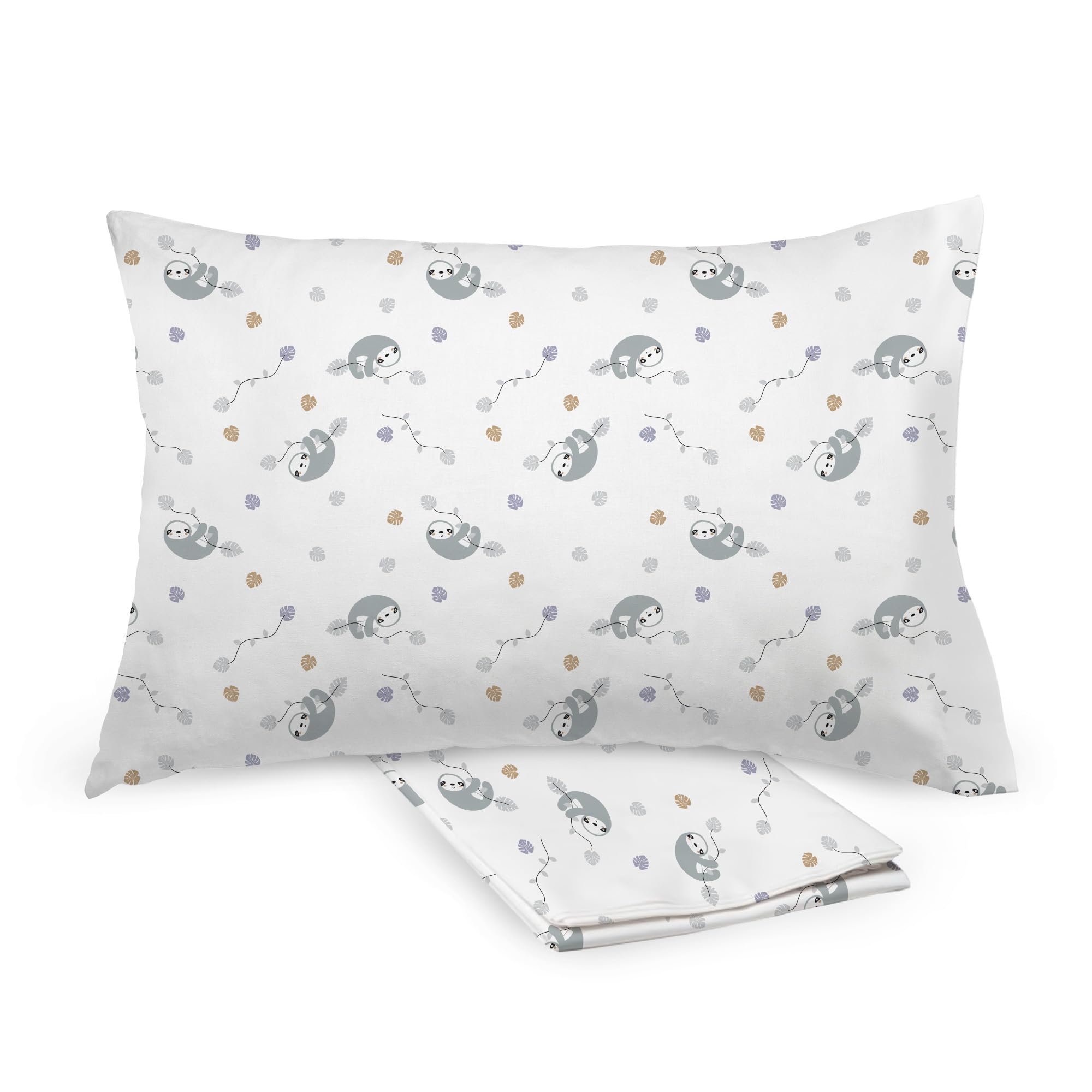 BreathableBaby cotton percale pillowcase with sloths, 2-pack, breathable and durable.