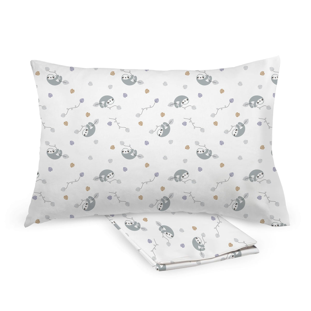 BreathableBaby cotton percale pillowcase with sloths, 2-pack, breathable and durable.