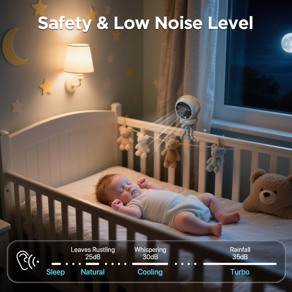 BreezeBoost 360b0 rotation enables adjustable airflow for baby and parent comfort.