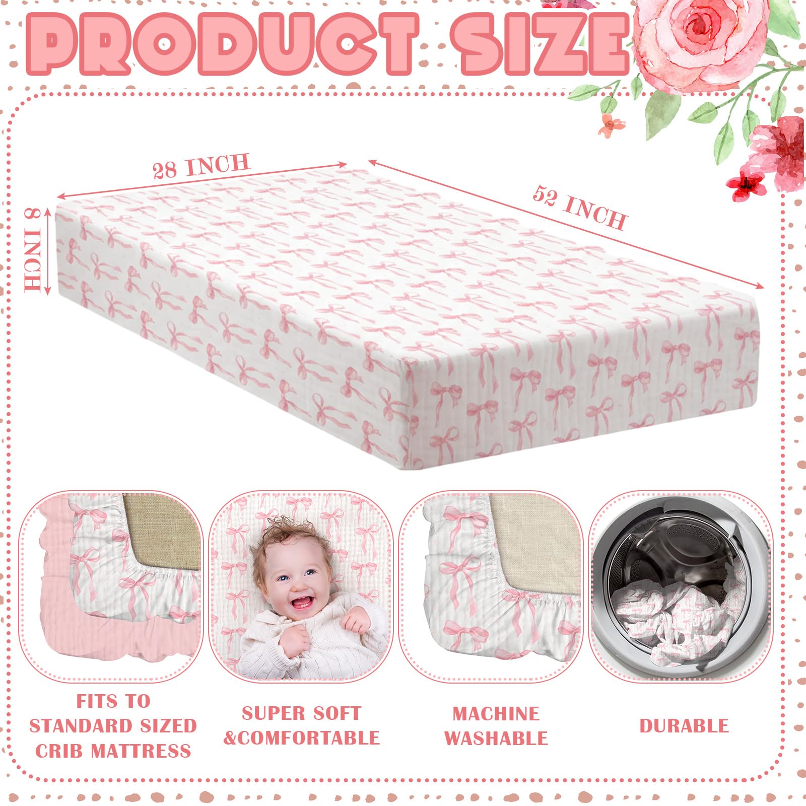 Breling pink bow crib sheet closeup shows breathable fabric and gentle touch
