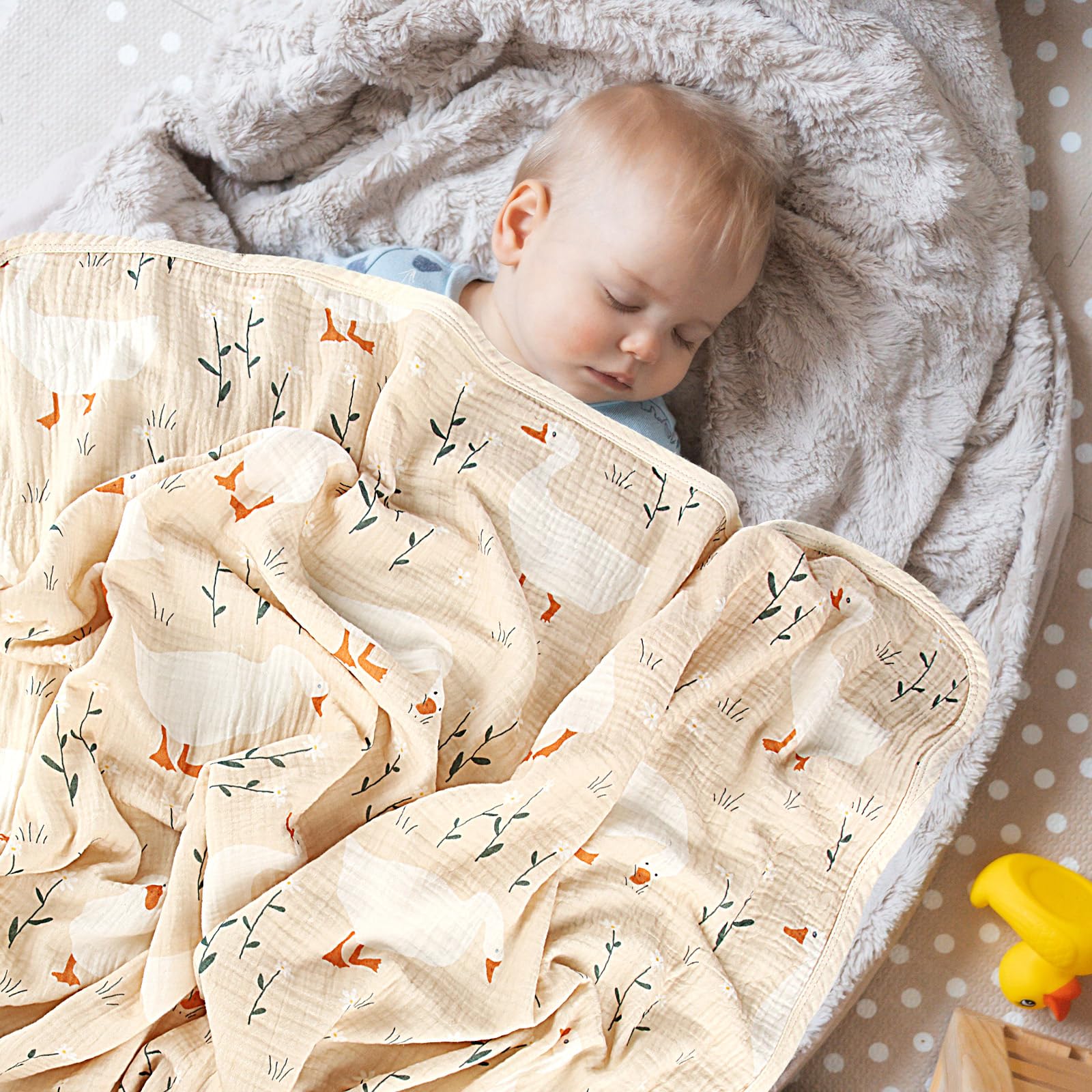 Breling Silly Goose muslin blanket nursery design complements neutral decor