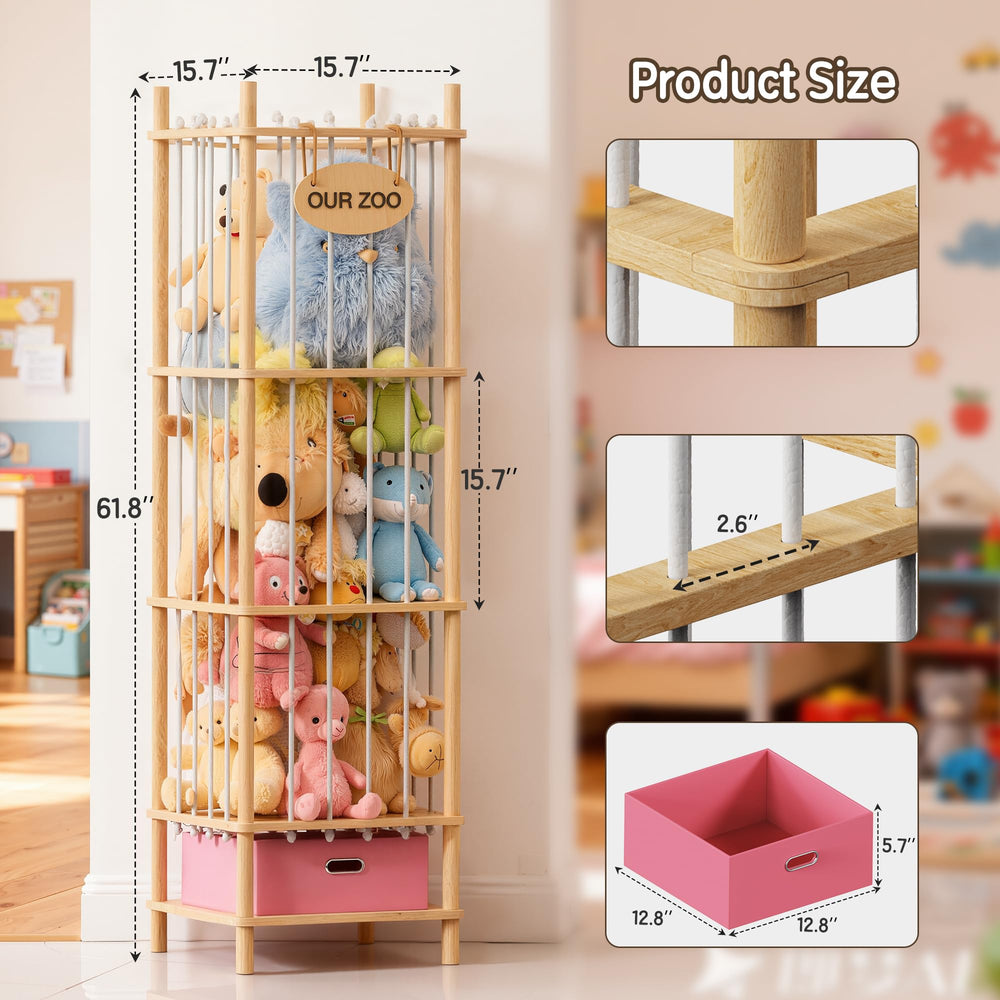 Brelley wooden toy chest with drawer showcases plush toys neatly.