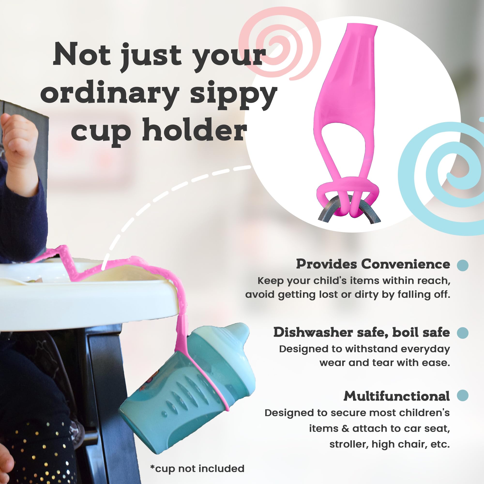 Brilli Baby Cup Catcher attached to a high chair prevents dropped cups.