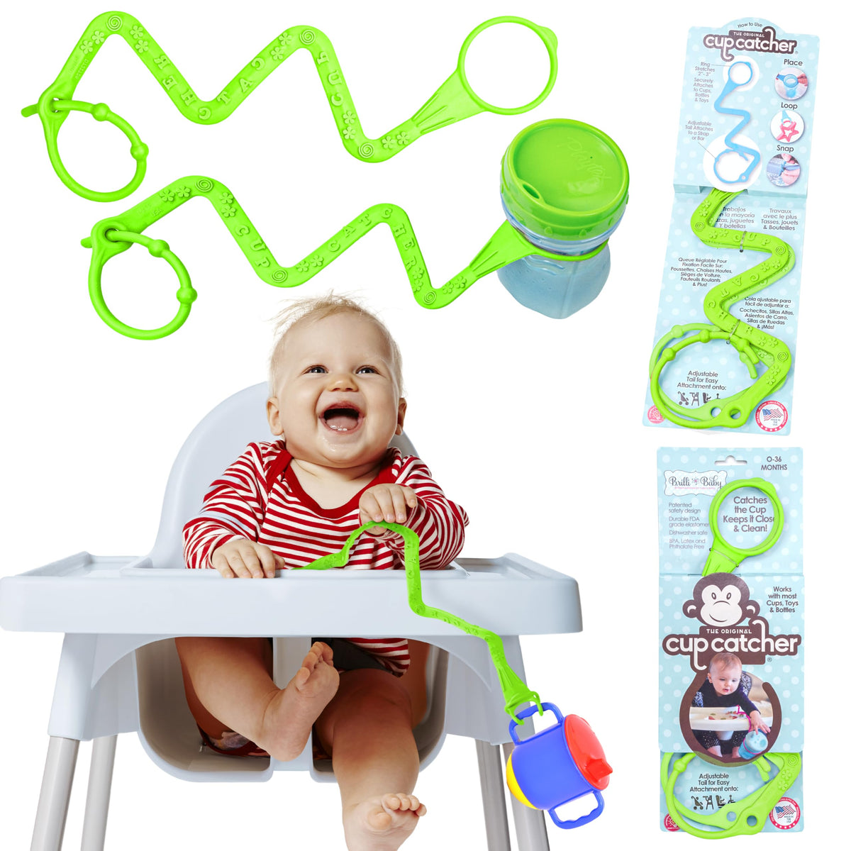 Brilli Baby Cup Catcher lime attaches to a stroller, keeping cups within reach and mess-free.