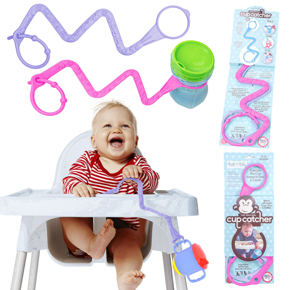 Brilli Baby Cup Catcher attached to a stroller keeps cups secure during outings.