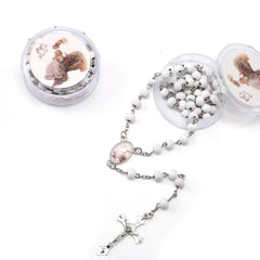 Brilucky white wooden bead rosary with cross pendant for daily wear.