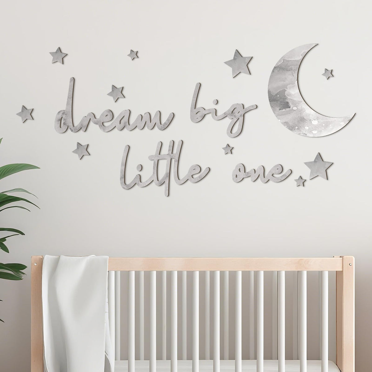 Briwooody Dream Big sign enhances nursery wall decor with calm, neutral space