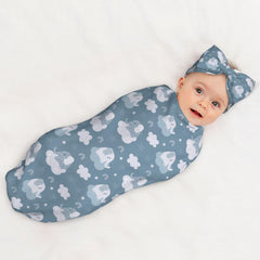 Broiteid elephant star blue swaddle set packaging shows complete 3-piece set