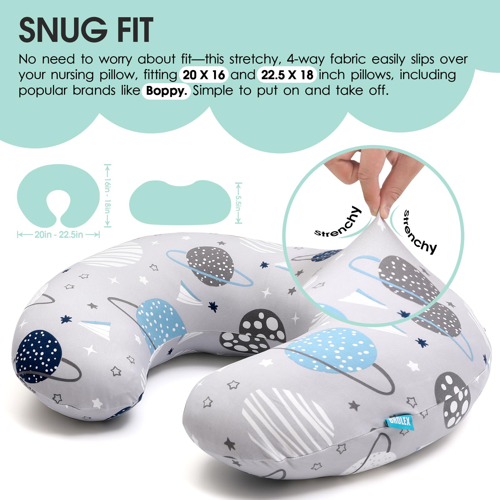 BROLEX original Boppy cover with elastic edge provides snug, slip-free fit