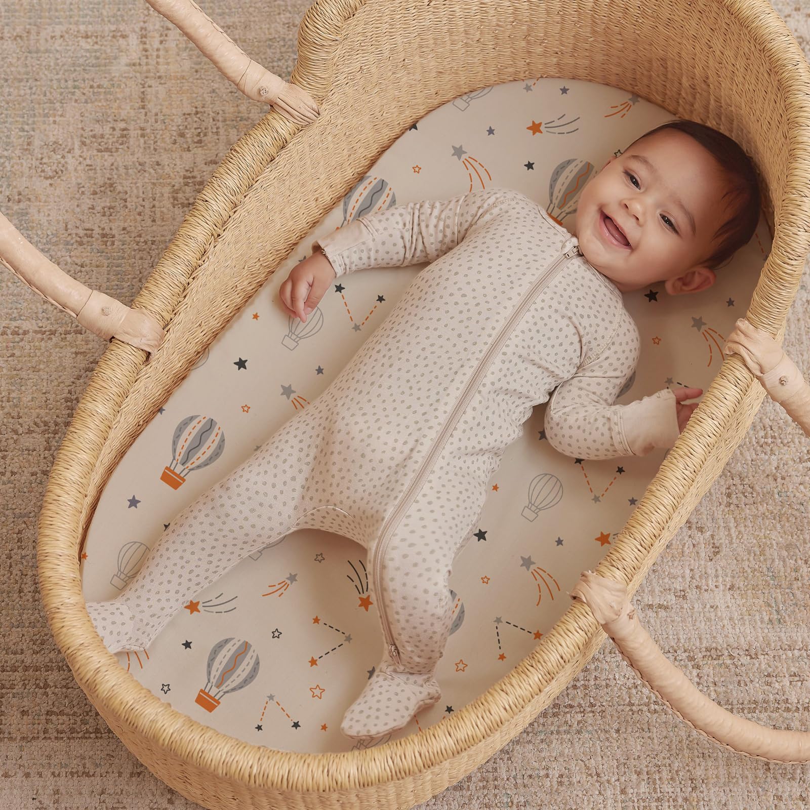 BROLEX elephant-design bassinet sheets; charming decor and snug fit.