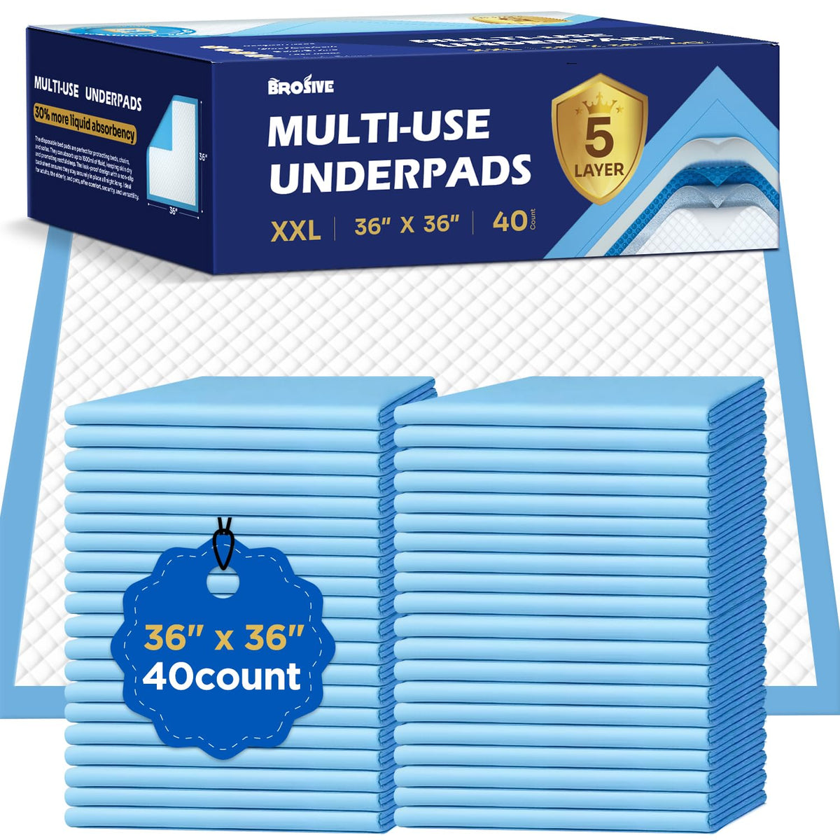 Brosive bed pads 36x36 absorbent core keeps bedding dry overnight.