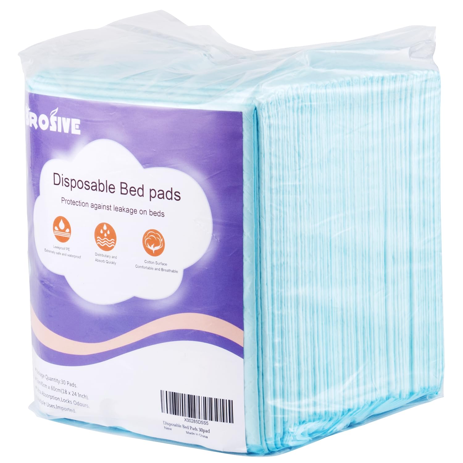 Brosive small disposable bed pad packaging showing a 30-pack for home or travel protection