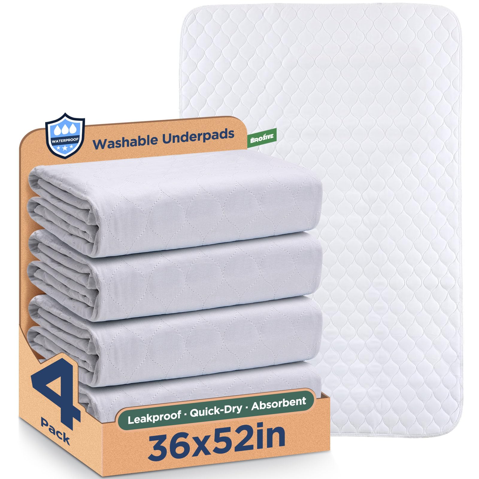Brosive washable bed pad 36x52 showing waterproof surface for incontinence protection.