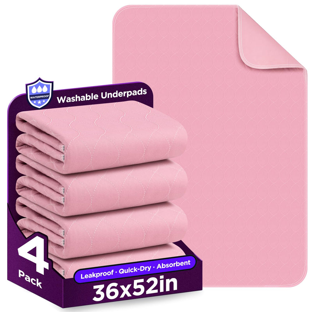 Brosive pink bed pad 36x52 top view, four-pack, full coverage.