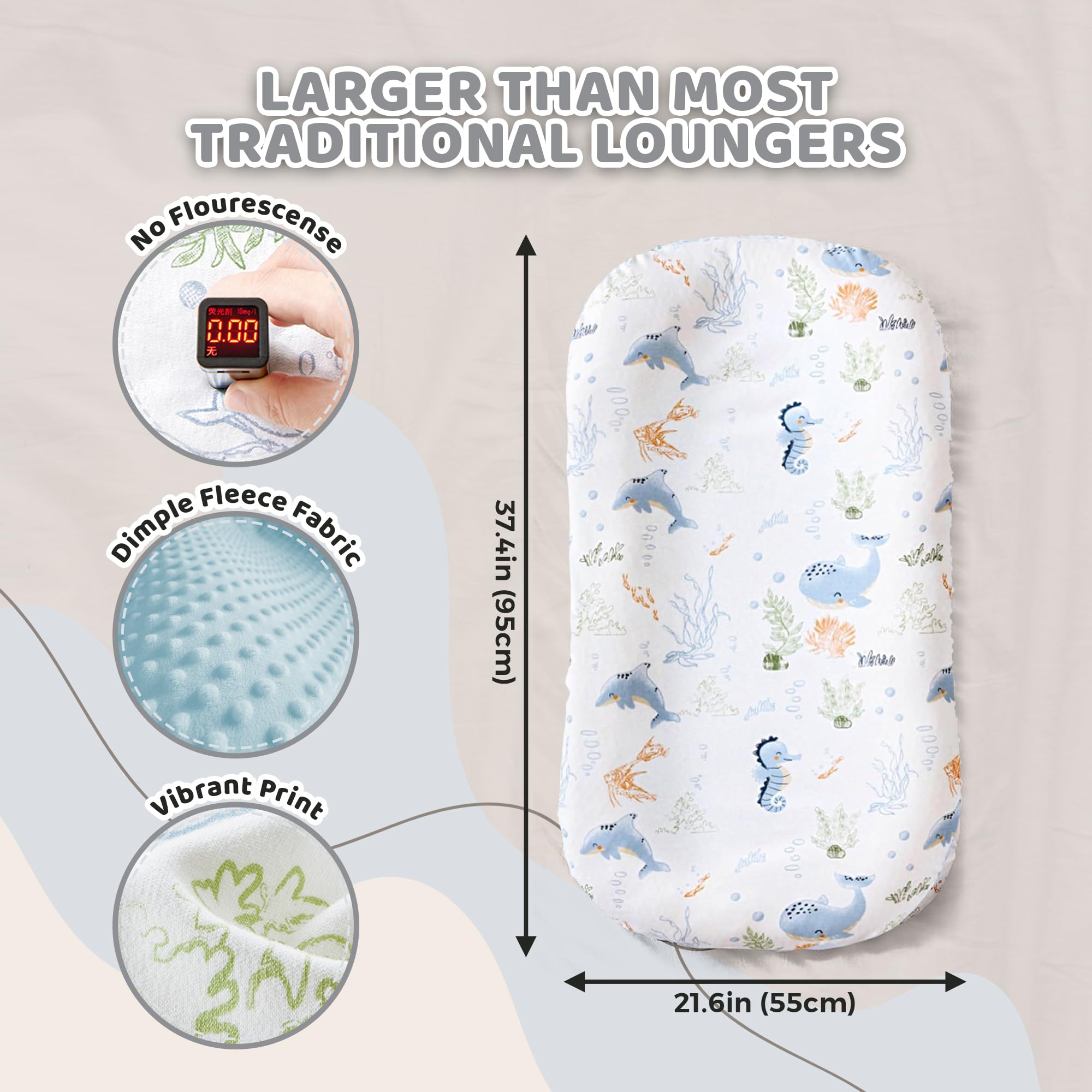 BRUNEES baby nest lounger blue anti-startle-straps, helps calm newborns.