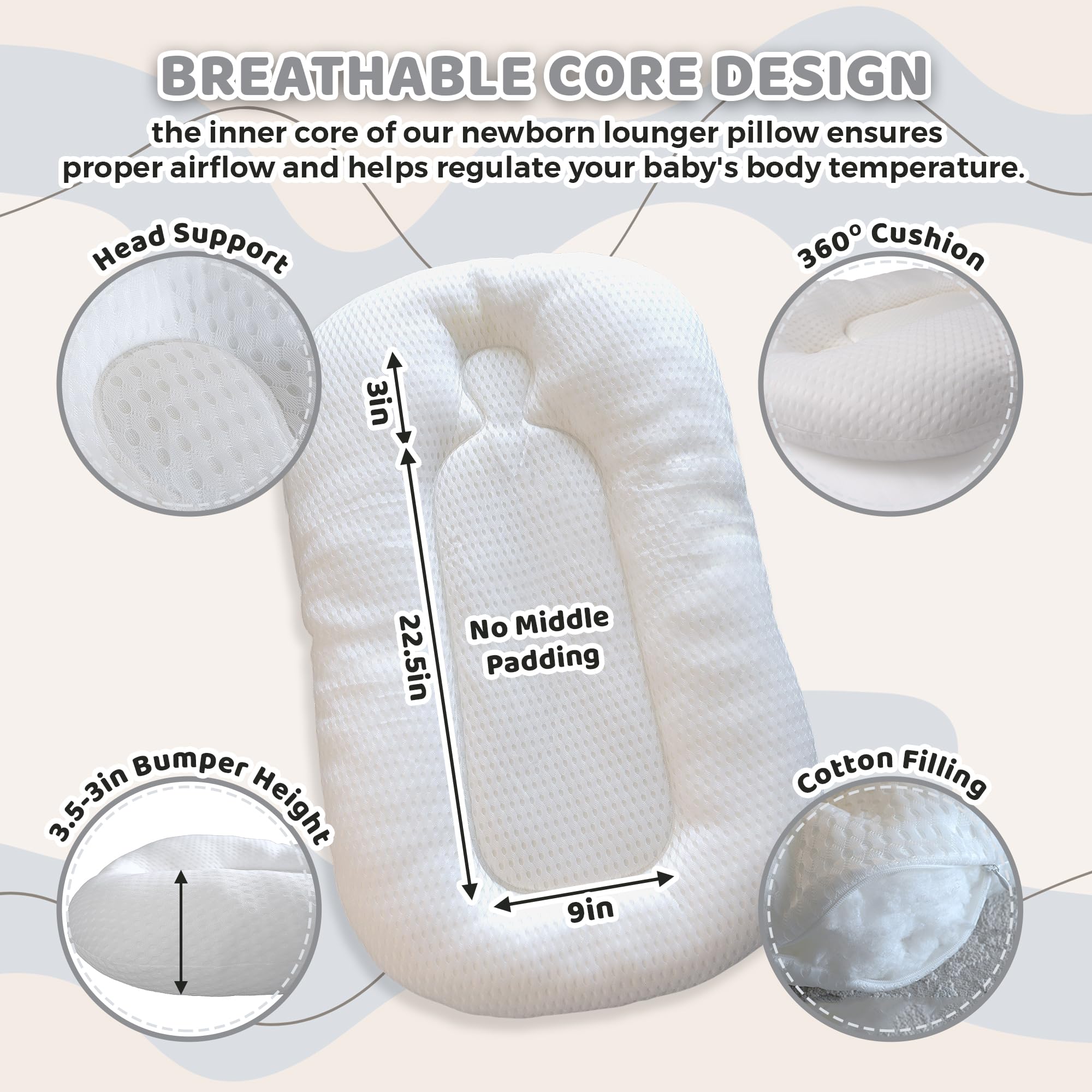BRUNEES baby nest lounger blue in-use-tummy-time, portable on-the-go comfort.