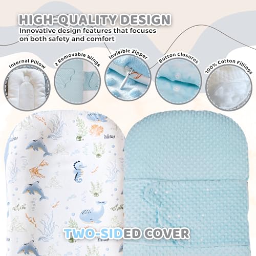 BRUNEES baby nest lounger blue side view, cozy cradle with anti-startle wings.