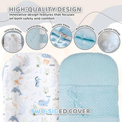 BRUNEES baby nest lounger blue side view, cozy cradle with anti-startle wings.