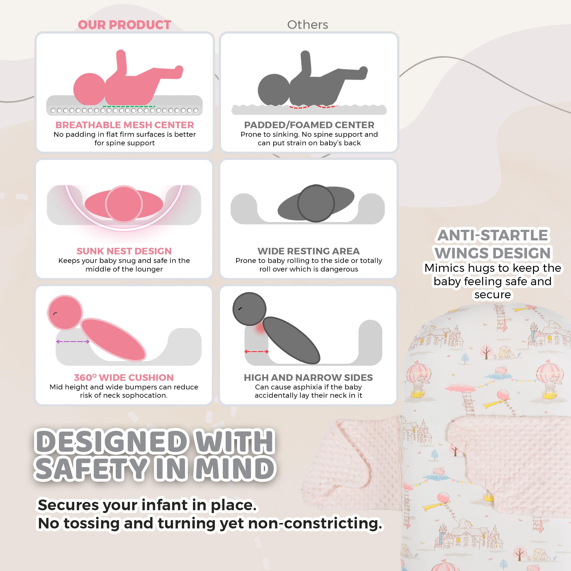 BRUNEES breathable mesh core promotes airflow and temperature balance for calm lounging