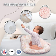 BRUNEES nest pillow shown unfolded with spacious design for growing infants