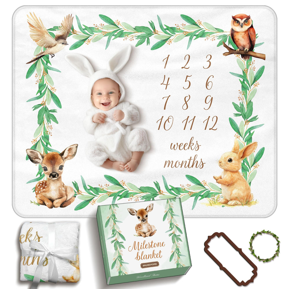 BRUNEI POREI woodland milestone blanket with forest animals for lasting baby photos.