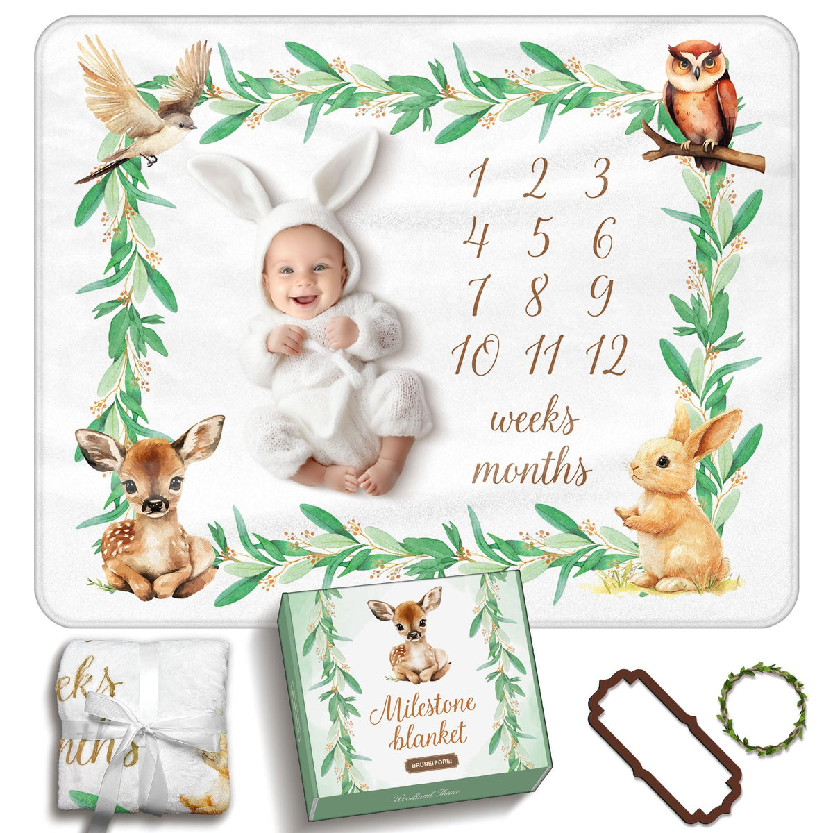 BRUNEI POREI woodland milestone blanket with forest animals for lasting baby photos.