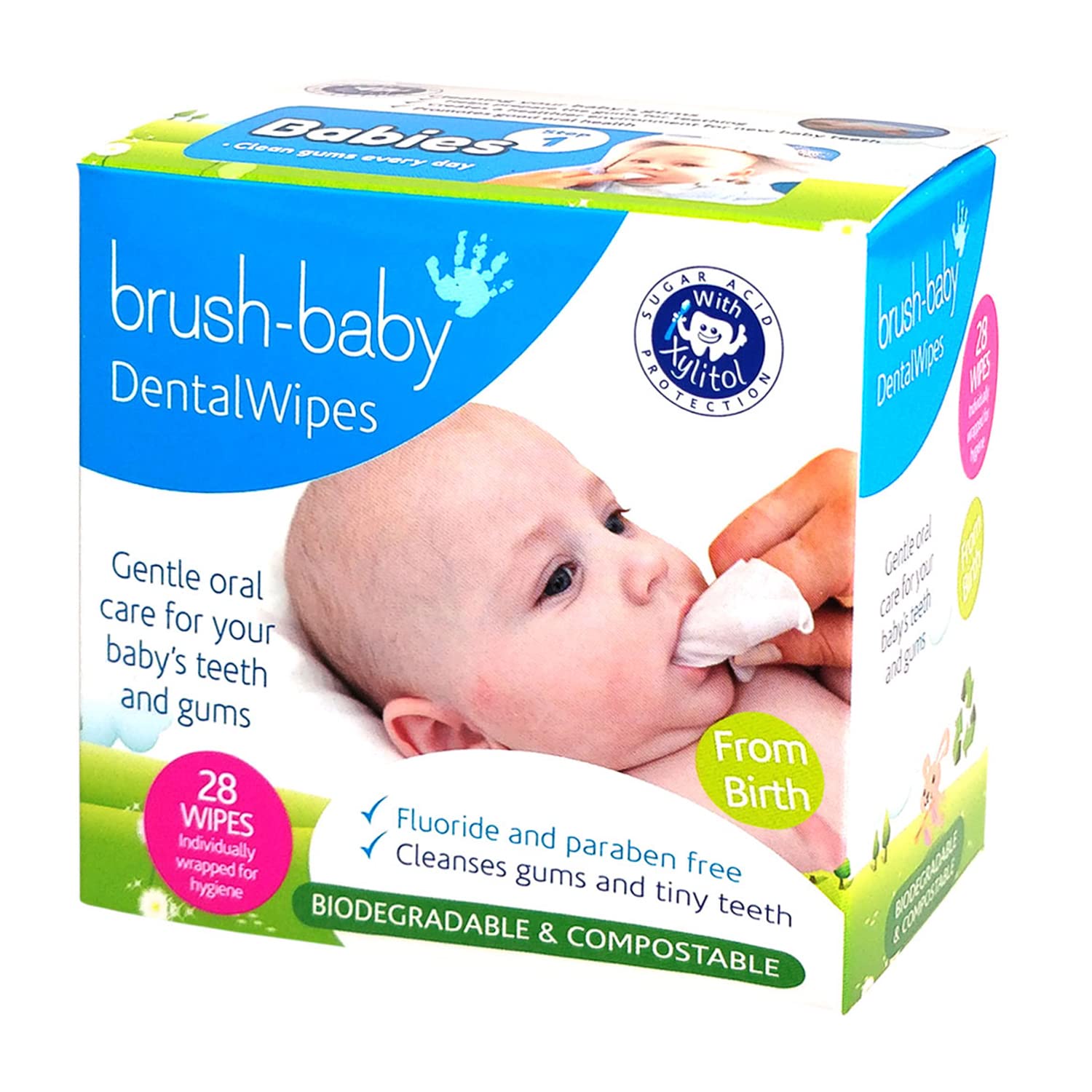 Brush Baby teething relief wipes packaging closeup showing brand and product