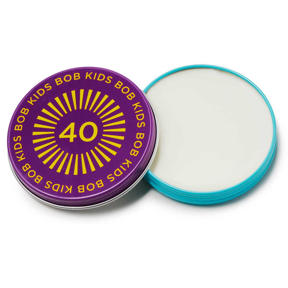 Brush On Block BOB Kids Balm SPF 40 tin for easy family sun protection.