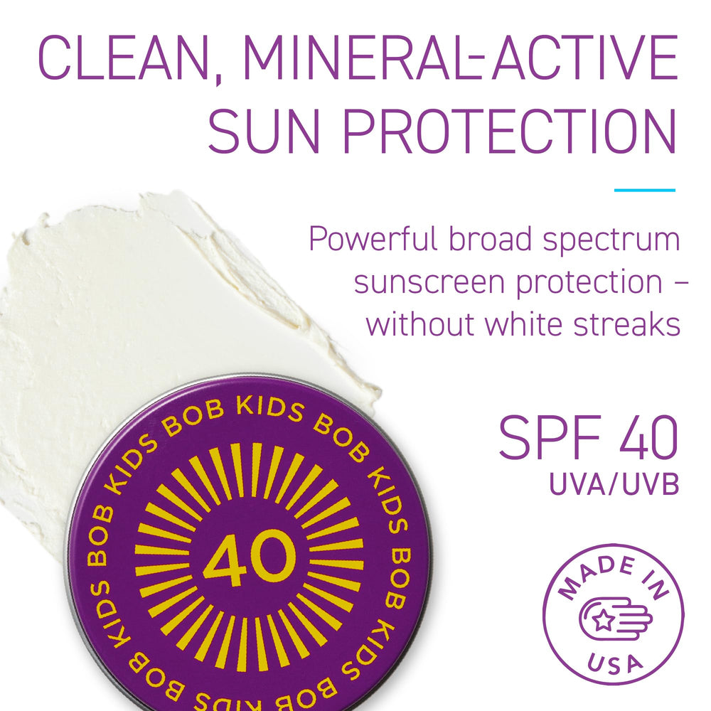 BOB Kids powder sunscreen swatch shows smooth mineral coverage
