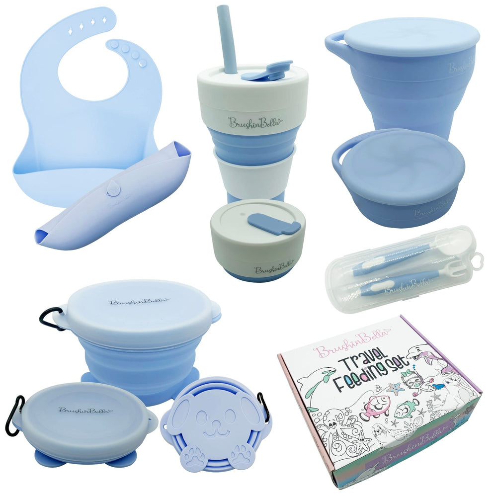 BrushinBella collapsible silicone baby bowl for travel meals and mess-free feeding.