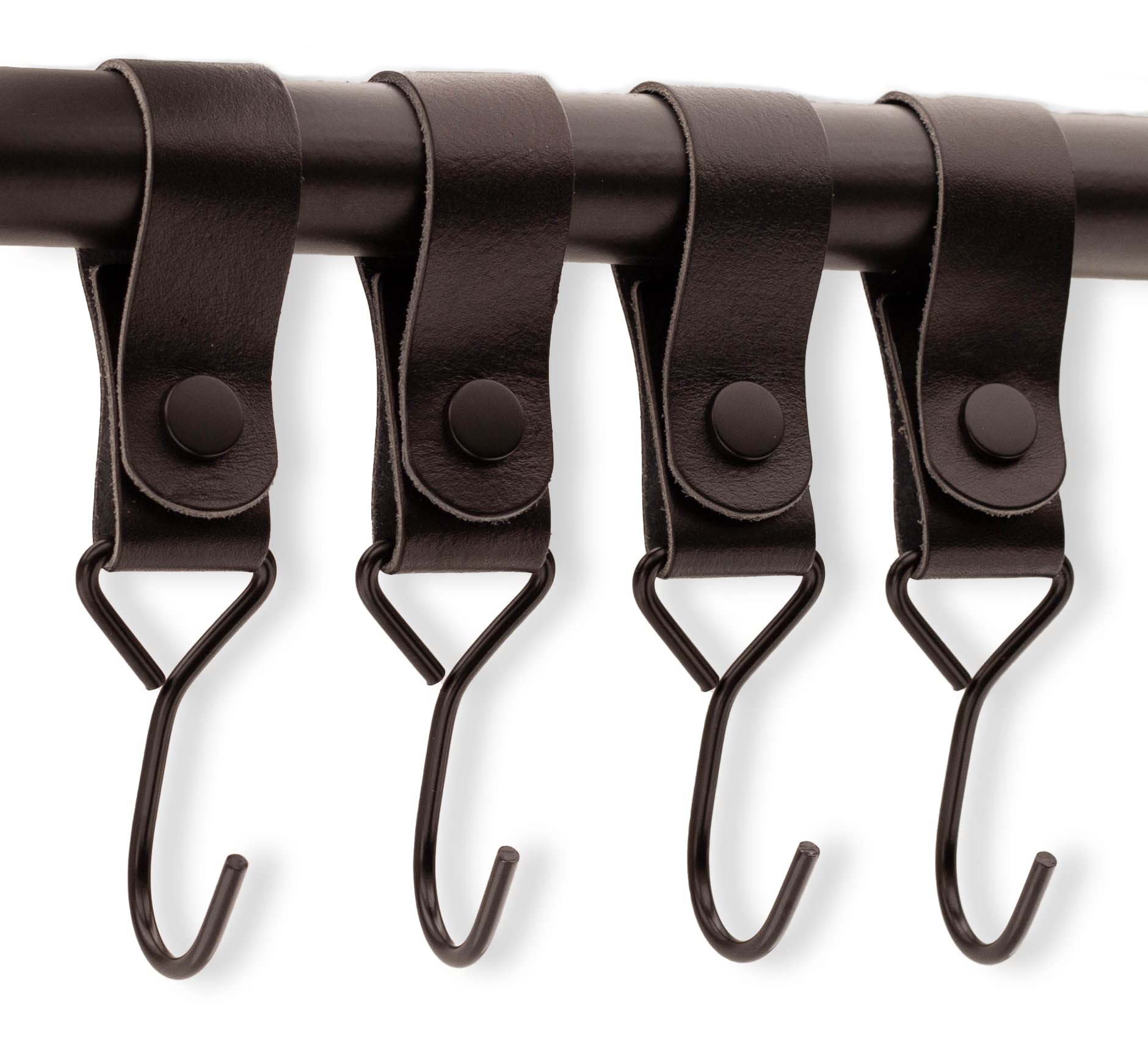 Brute Strength black leather straps with hooks showing premium full-grain leather and durable hardware.