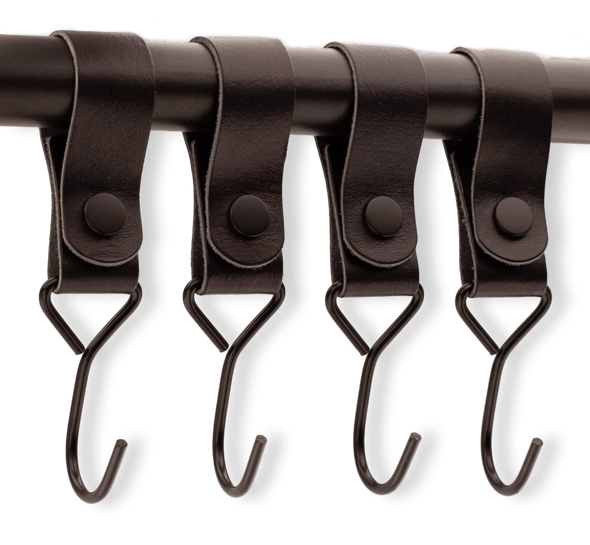 Brute Strength black leather straps with hooks showing premium full-grain leather and durable hardware.