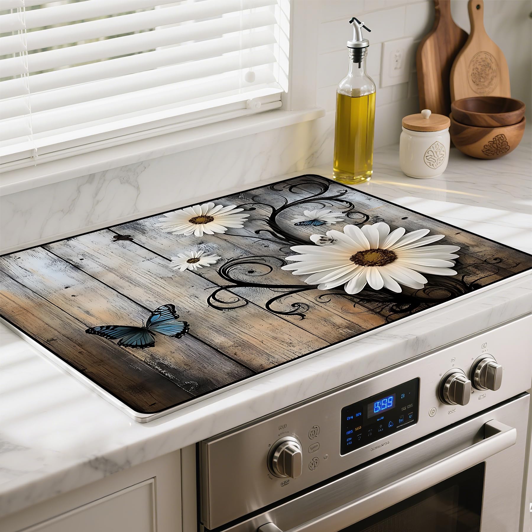 BSFHH heat-resistant glass stove top cover with daisy pattern adds extra workspace