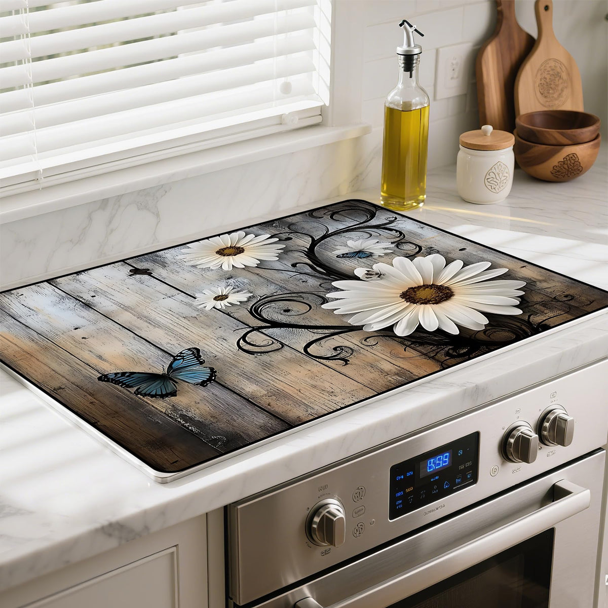 BSFHH heat-resistant glass stove top cover with daisy pattern adds extra workspace