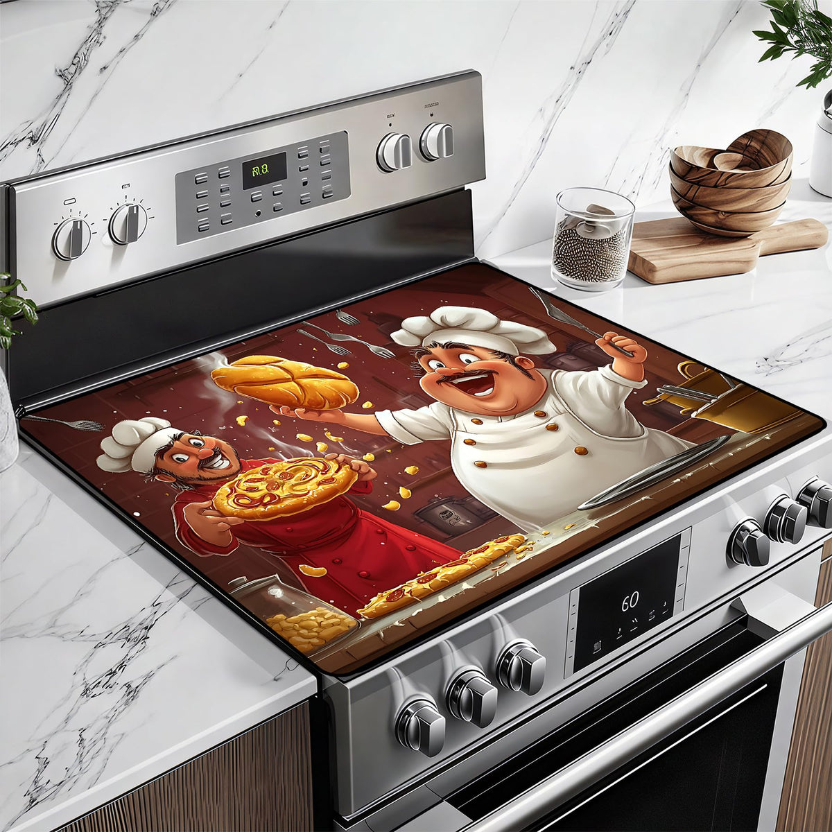 BSFHH heat-resistant glass stove top cover over stove protecting surfaces during pizza prep