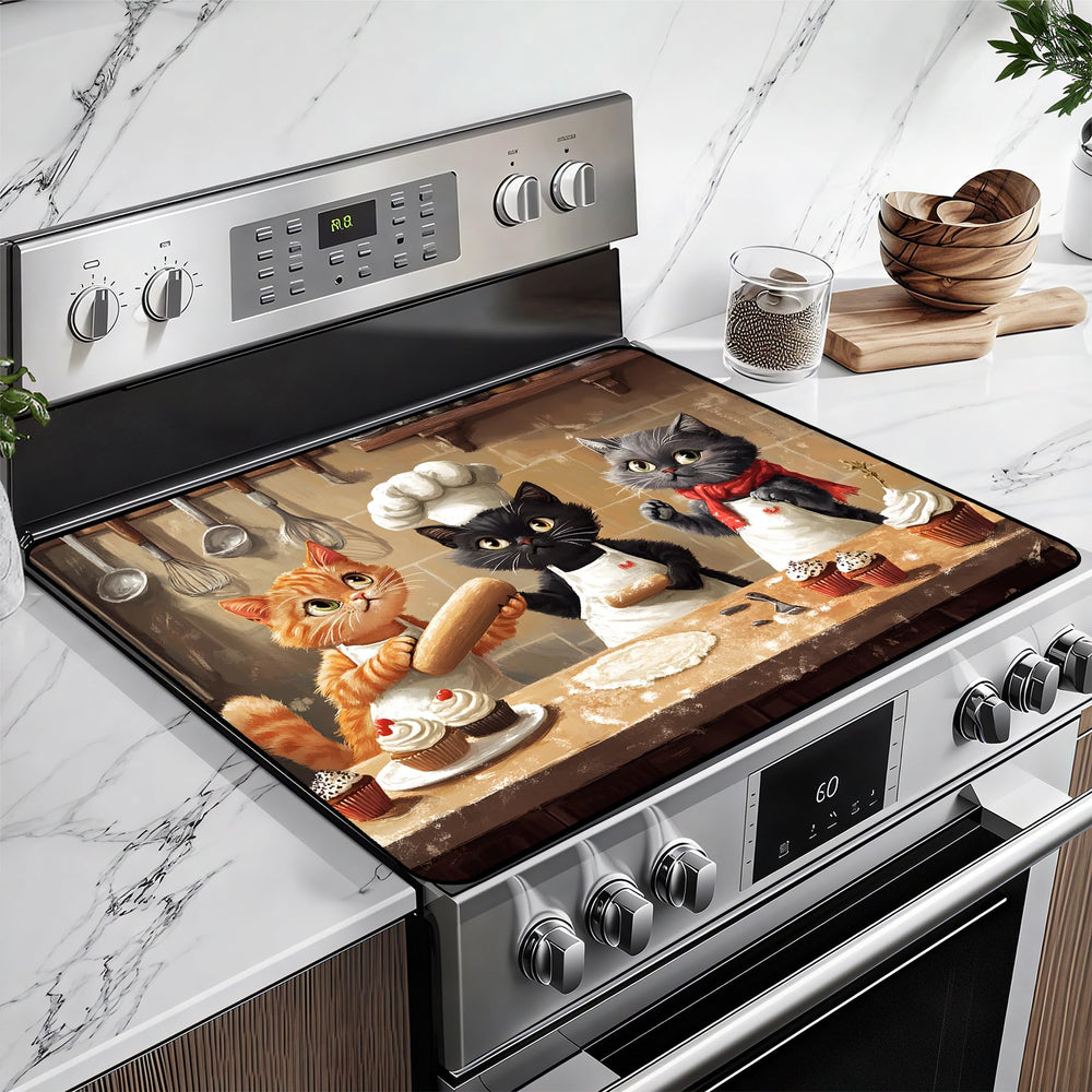 BSFHH heat-resistant glass stove top cover on stove surface, adds prep space.