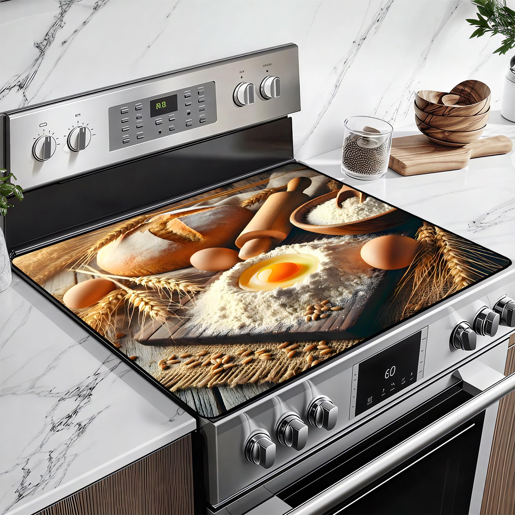BSFHH heat-resistant glass top cover in close-up guarding stovetop from scratches with anti-slip coating.