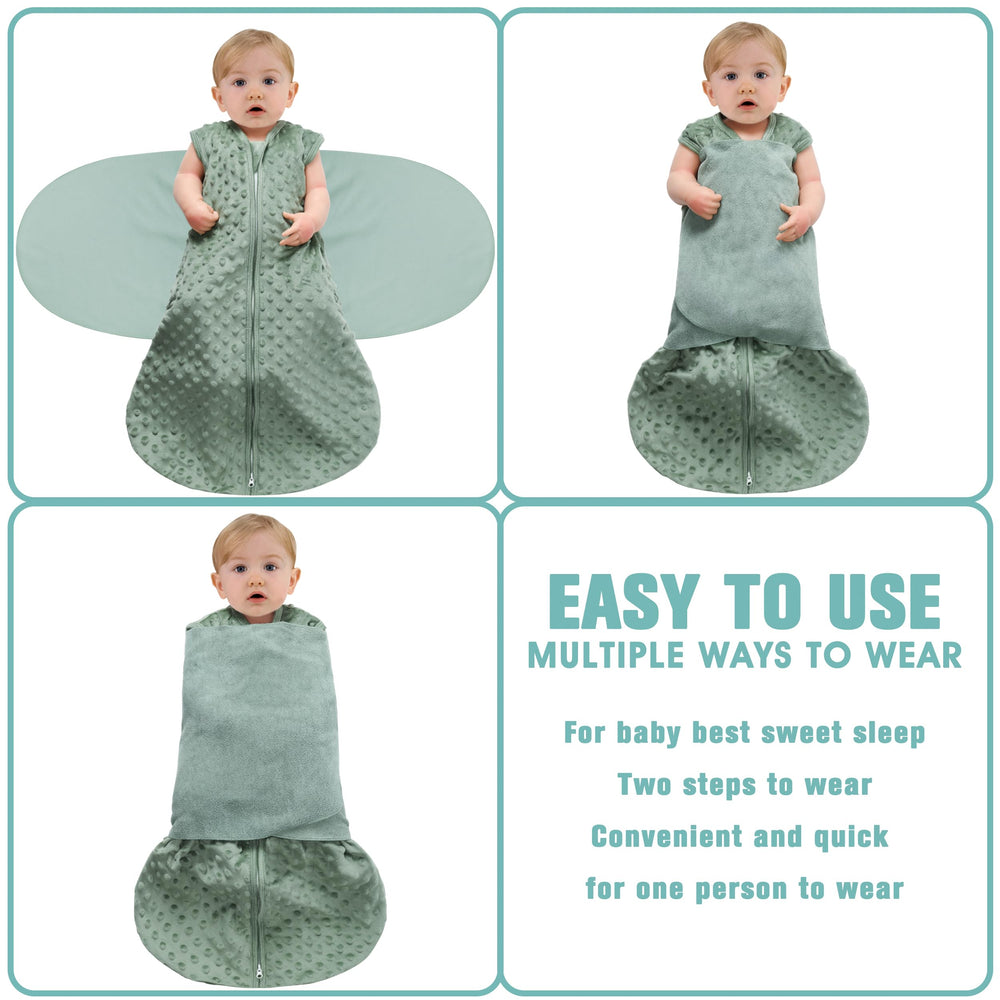 BSTOPPT fleece newborn sleep sack shows 3 way swaddle with arm in option
