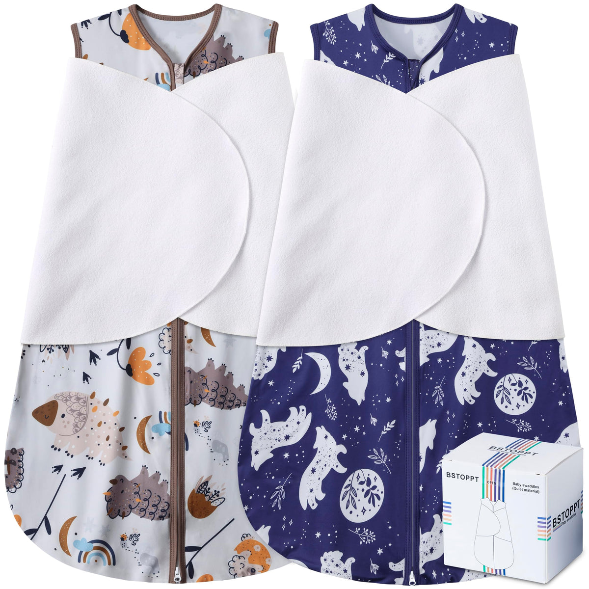 BSTOPPT newborn sleep sack with fox-dinosaurs print for secure nights.