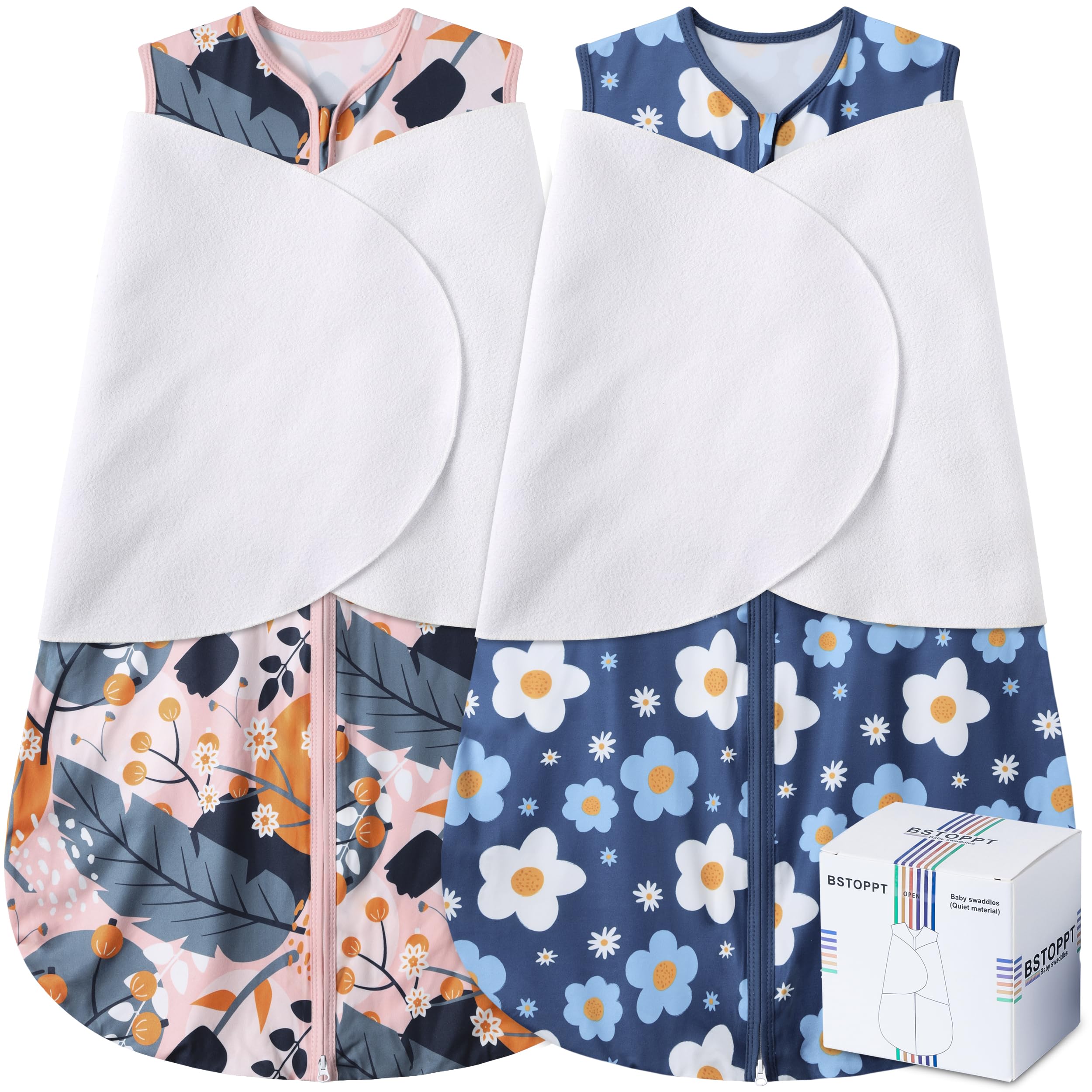 BSTOPPT newborn sleep sack Gerbera Tulips flatlay shows cozy, safe swaddling details.