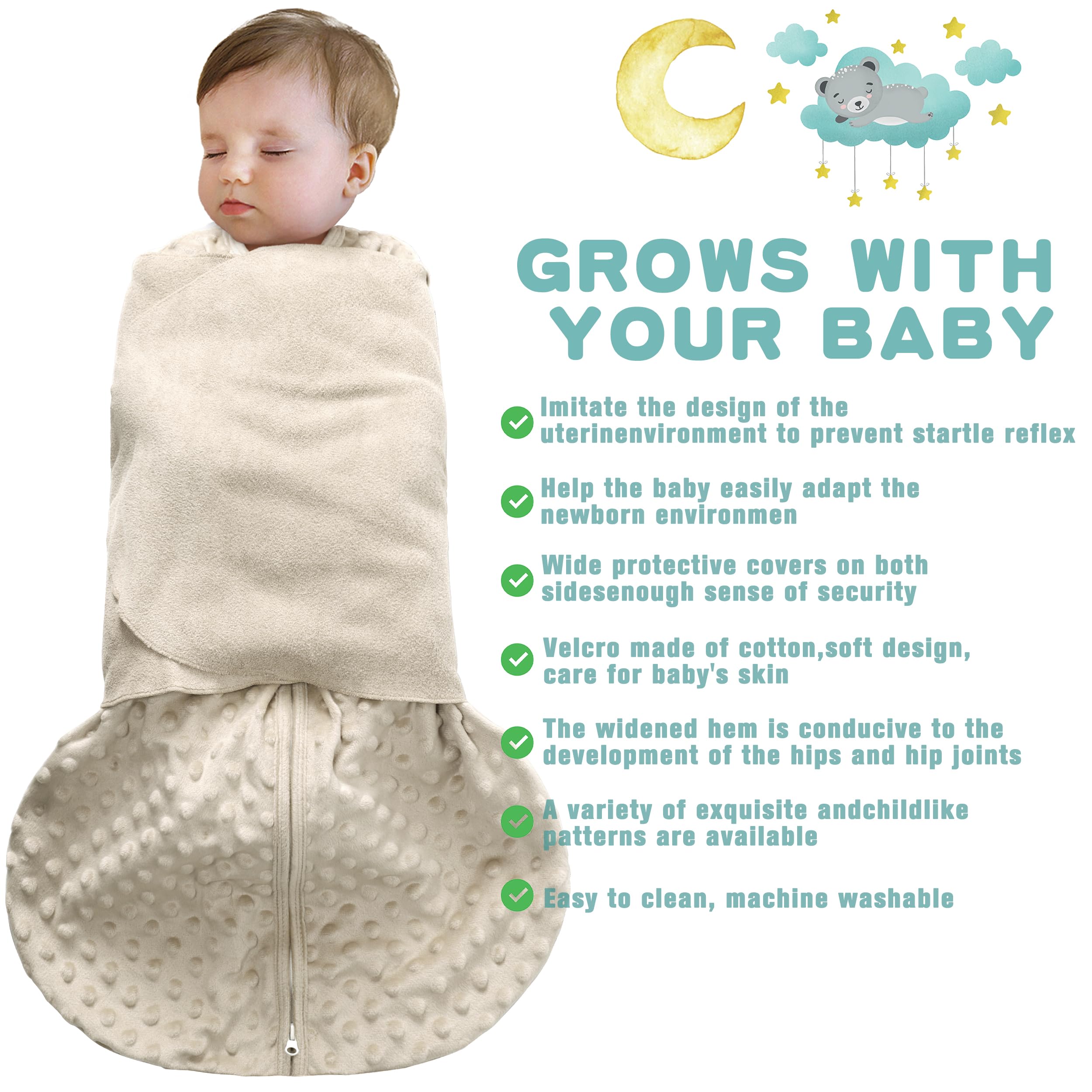 BSTOPPT sleep sack green side view demonstrates 3-way swaddle for customizable comfort.