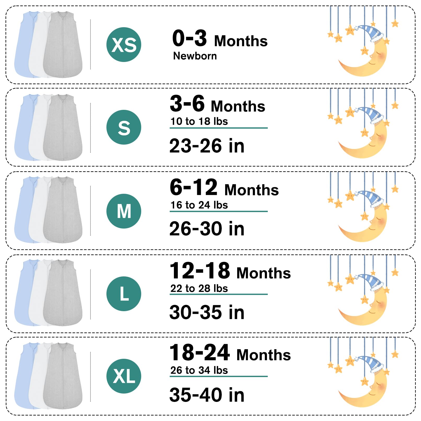 Three-pack BSTOPPT sleep sacks cover growing babies across sizes.