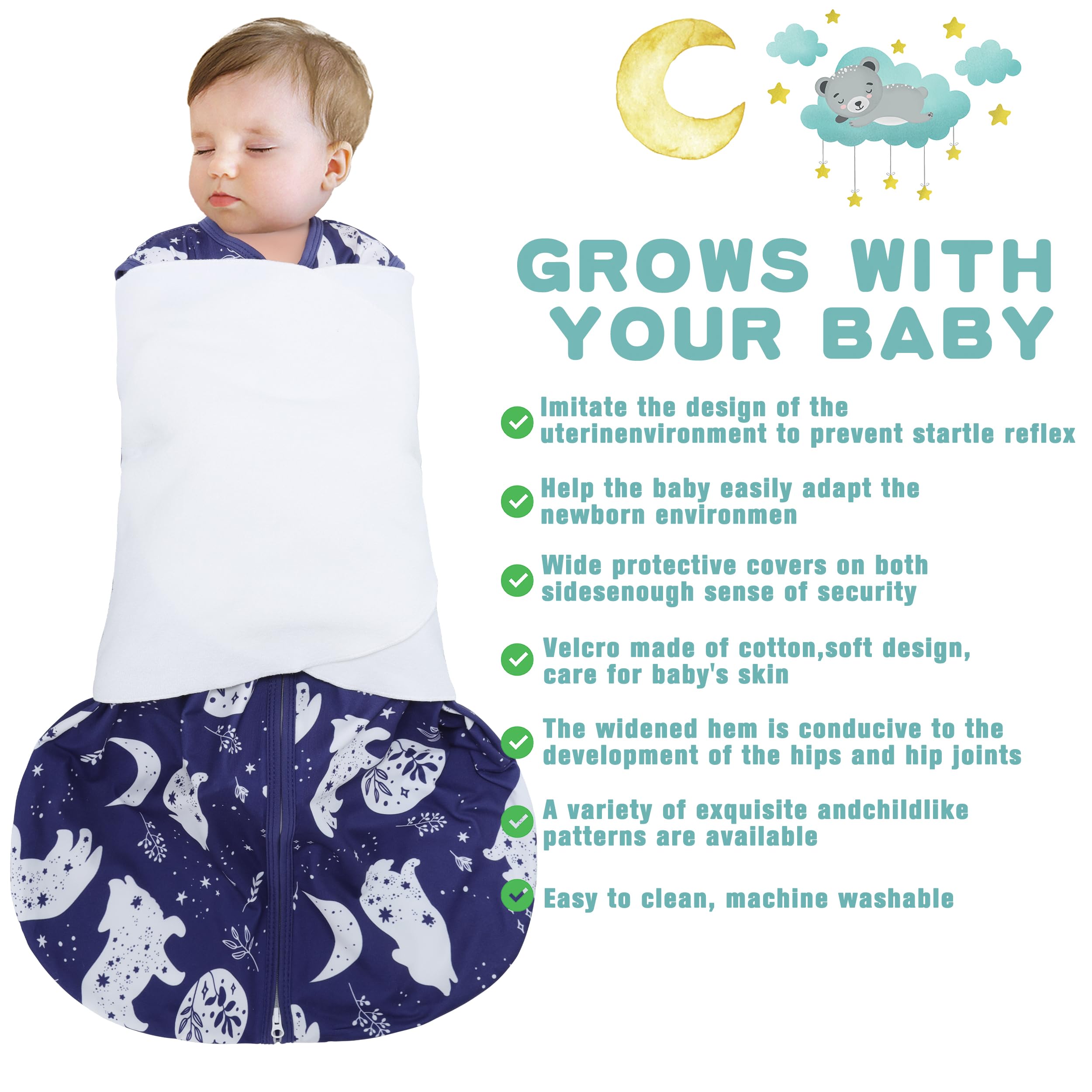 BSTOPPT soft cotton swaddle wings enable gentle, adjustable swaddling.