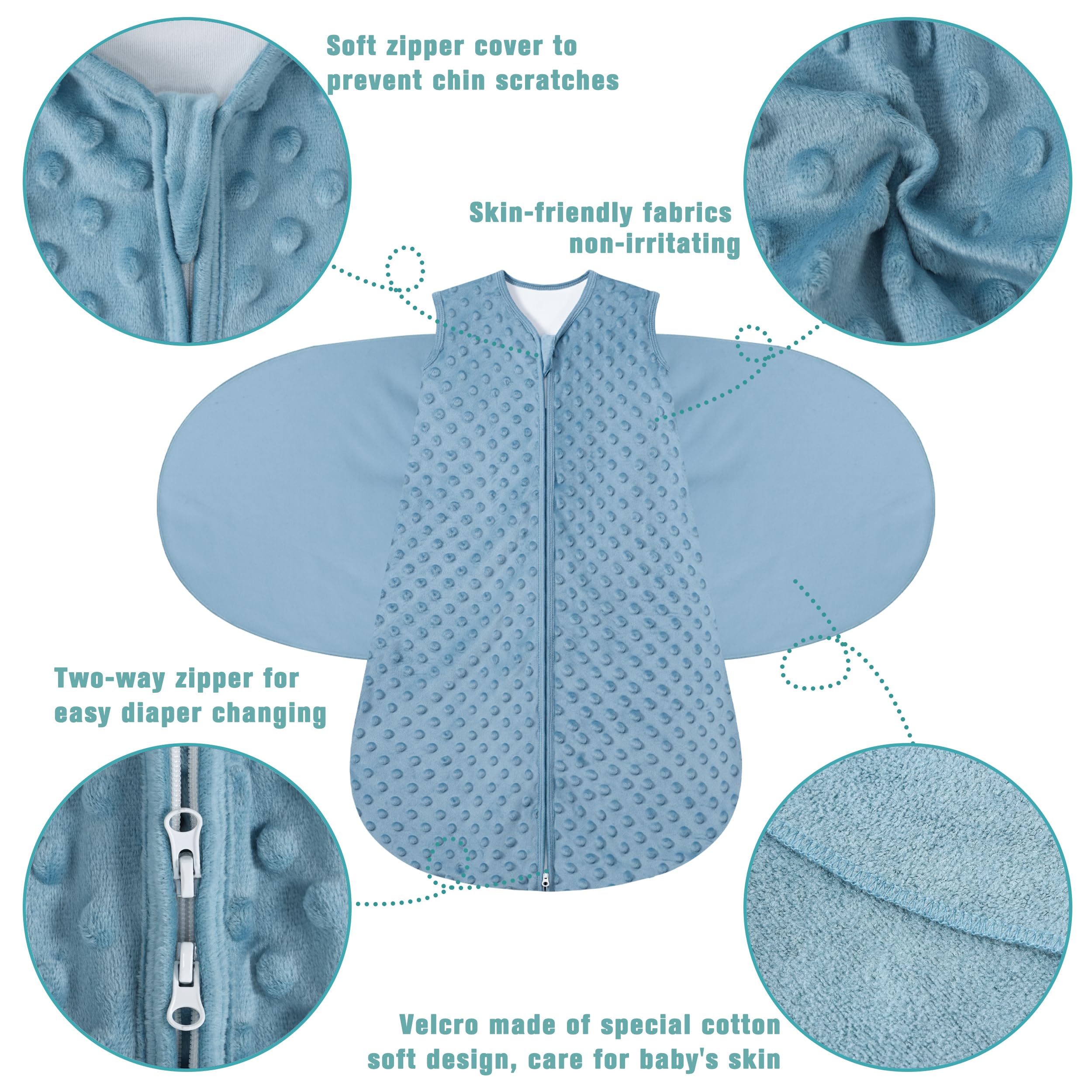 BSTOPPT three-way swaddle adjustment showing arm-in, single arm-out, double arm-out