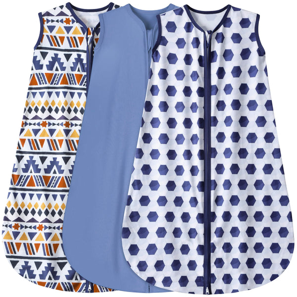 BSTOPPT baby sleep sack in blue triangles provides cozy all-season comfort.