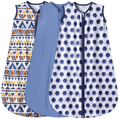 BSTOPPT baby sleep sack in blue triangles provides cozy all-season comfort.