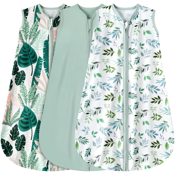 BSTOPT sleep sack in banana-leaf-green print keeps baby warm and cozy.