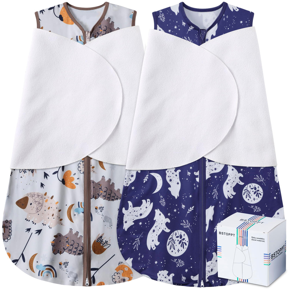 BSTOPPT fox-dinosaurs sleep sack front view promotes snug, secure sleep for 3-6 month babies.